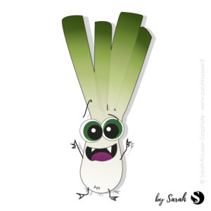 illustration légumes monstres, ici Hercule un poireau qui a la dent dure