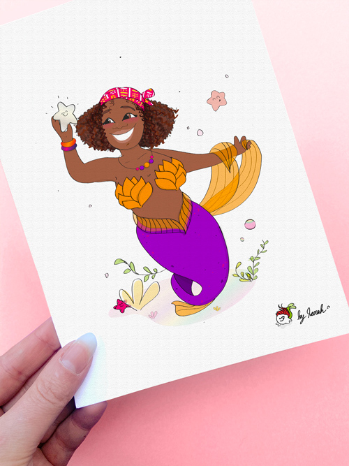 Illustration et carte postale de vacances, ici une sirène