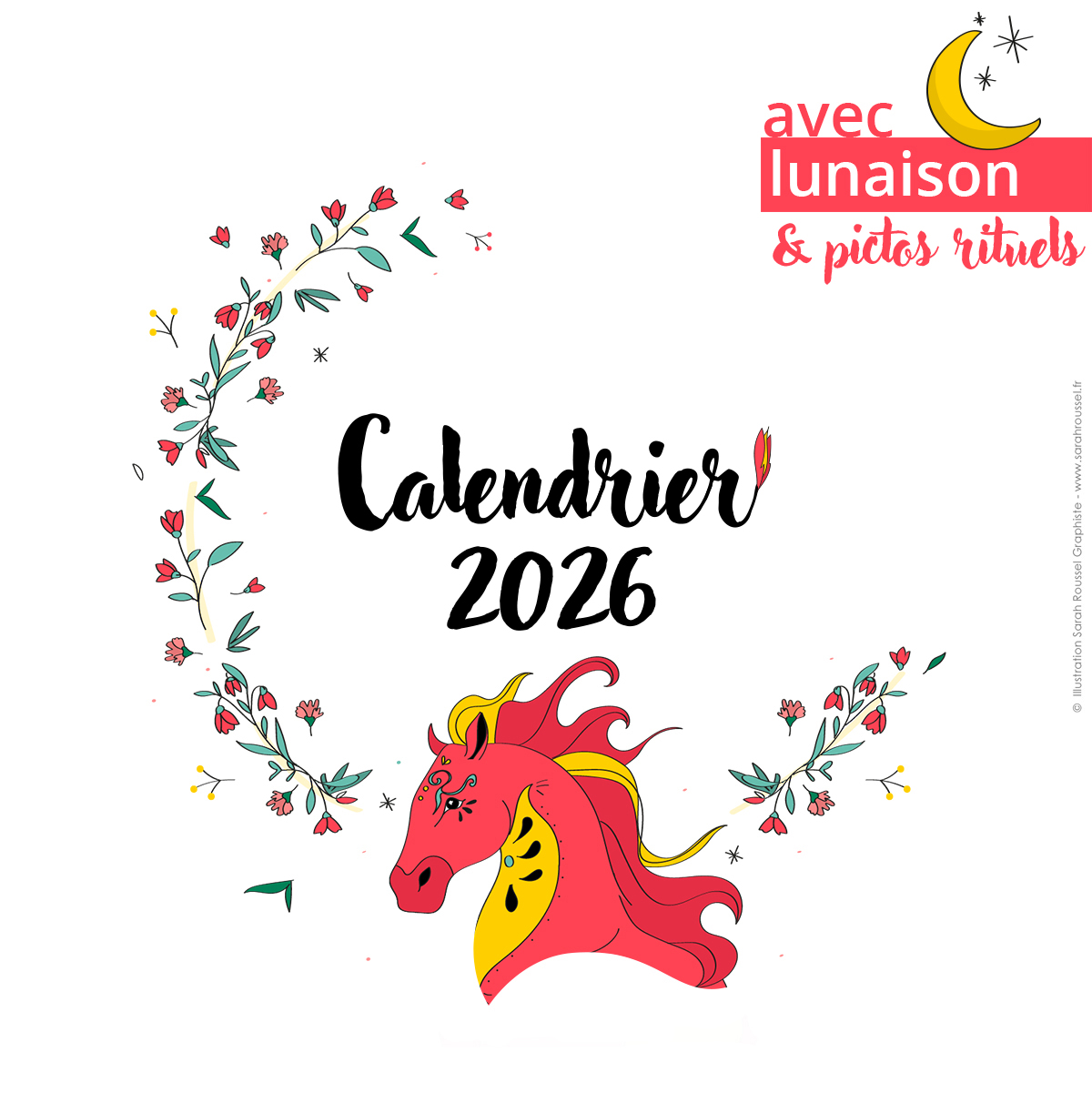 Calendrier 2026 avec lunaison, disponible sur la boutique Etsy